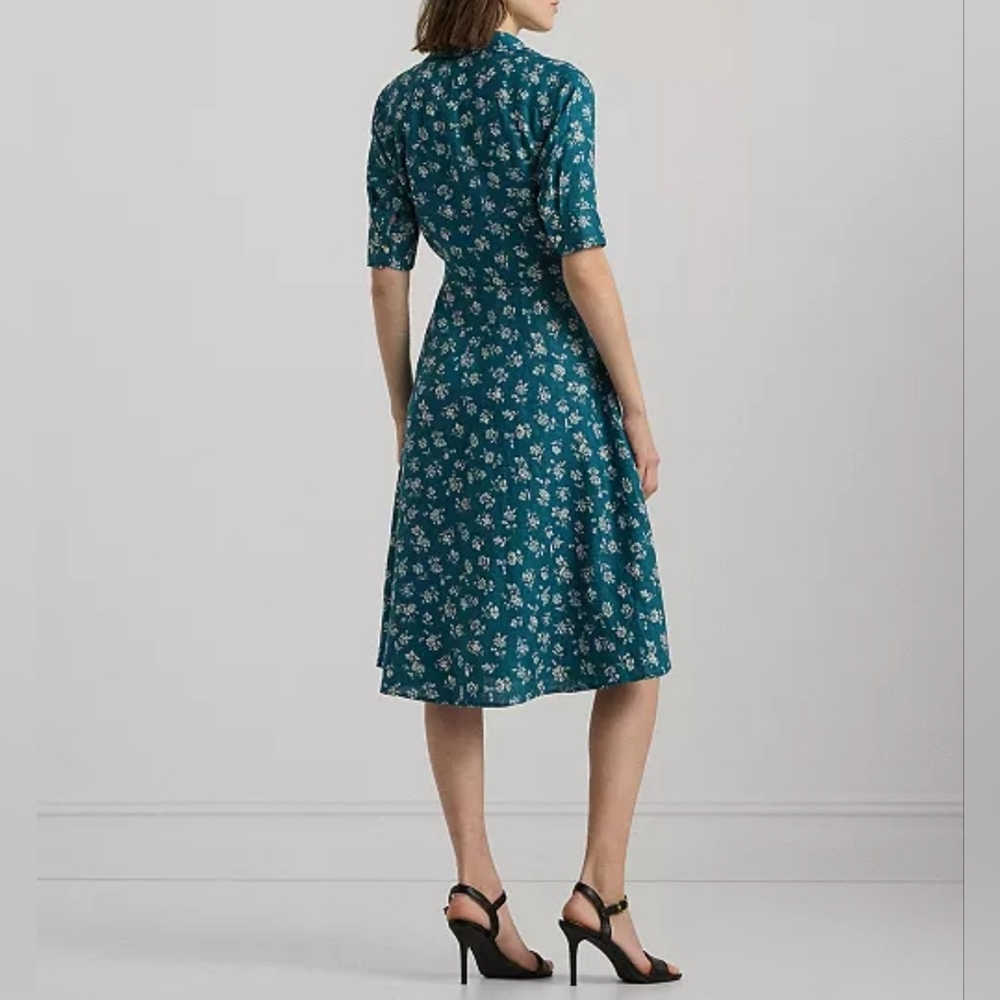 NWT $185 Ralph Lauren womens 10 Floral Linen MidI Dress Waist Bow Tie Button Up - Picture 2 of 13